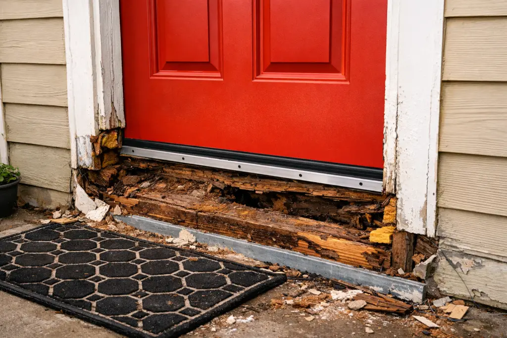 Red front door with severe wood rot at the threshold, showing crumbling framing and damaged siding revealed during a home renovation.