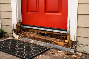 Red front door with severe wood rot at the threshold, showing crumbling framing and damaged siding revealed during a home renovation.
