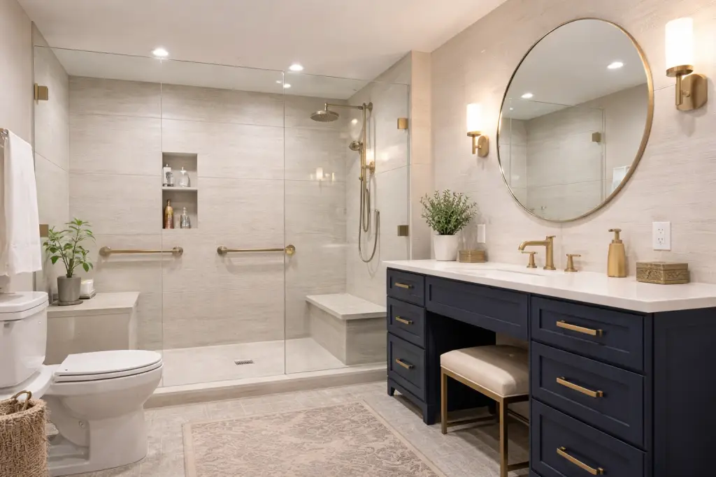 Stylish aging in place bathroom with a curbless walk in shower, built in bench, brushed brass grab bars, comfort height toilet, and navy blue vanity with gold hardware and round mirror.