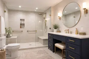 Stylish aging in place bathroom with a curbless walk in shower, built in bench, brushed brass grab bars, comfort height toilet, and navy blue vanity with gold hardware and round mirror.