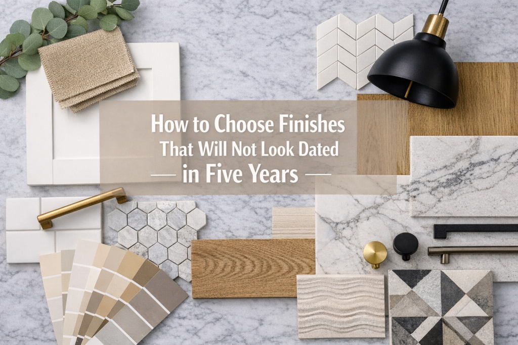 Flat lay of timeless remodel finishes including white cabinet doors, light wood flooring samples, neutral tile, quartz countertops, brass and black hardware, and paint swatches arranged on a marble surface.