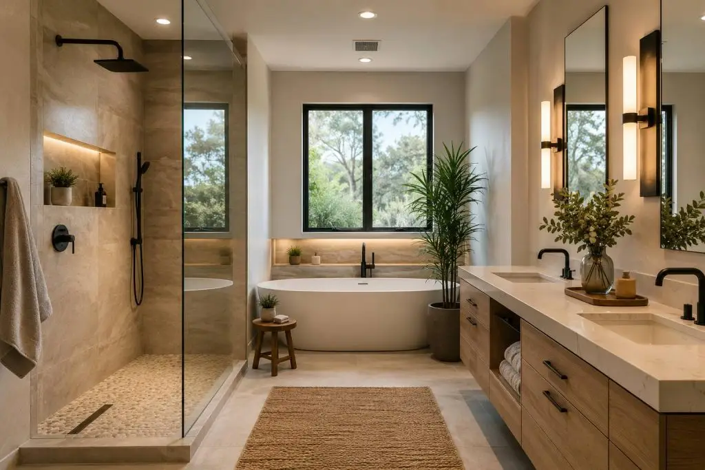 Modern Arizona bathroom remodel with walk-in shower, freestanding tub, and custom vanity storage