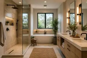 Modern Arizona bathroom remodel with walk-in shower, freestanding tub, and custom vanity storage