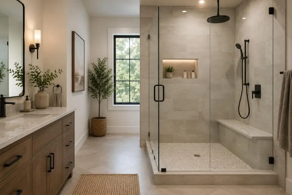 Modern walk-in shower conversion with frameless glass and custom tile bathroom design