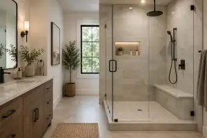 Modern walk-in shower conversion with frameless glass and custom tile bathroom design