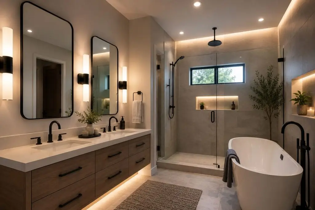 Modern bathroom remodel with layered lighting, vanity sconces, recessed lights, and freestanding tub in an Arizona home.