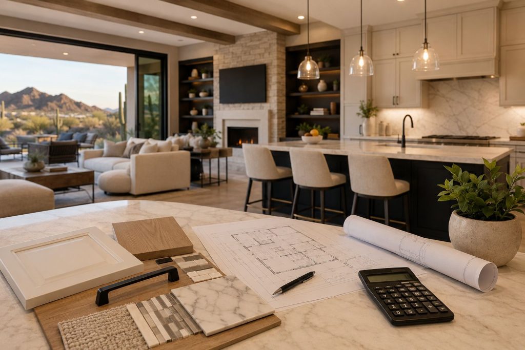 Luxury home remodeling project in Scottsdale AZ featuring a custom kitchen, open living area, and modern design finishes