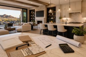 Luxury home remodeling project in Scottsdale AZ featuring a custom kitchen, open living area, and modern design finishes