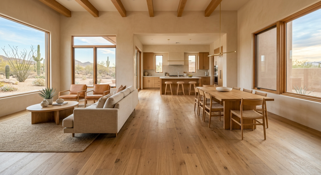 Whole-home flooring replacement with wide-plank wood flooring in a Scottsdale living and dining area