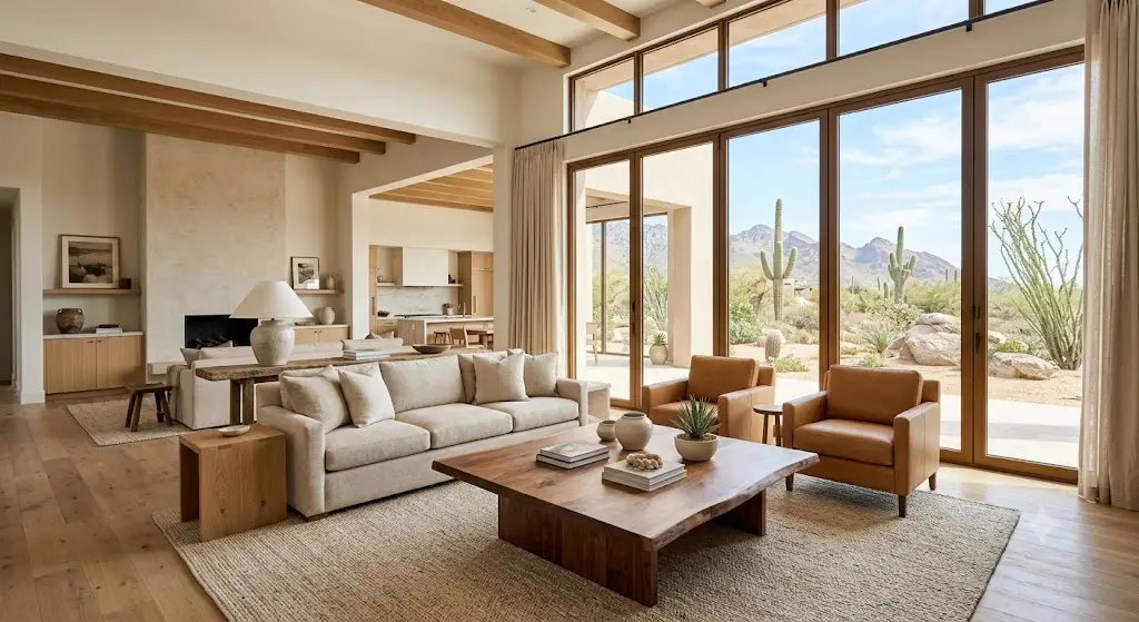 Living room with new energy-efficient windows overlooking the desert landscape in a Phoenix home