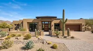 Desert-modern home exterior in Scottsdale with updated stucco, entry door, and desert landscaping
