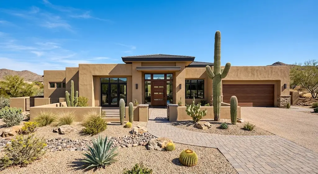 Desert-modern home exterior in Scottsdale with updated stucco, entry door, and desert landscaping