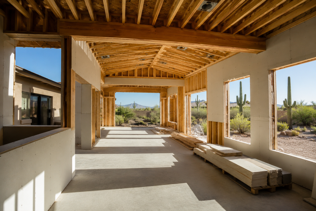Home addition under construction in Scottsdale Arizona with open framing, large windows, and desert landscape visible through new wall openings