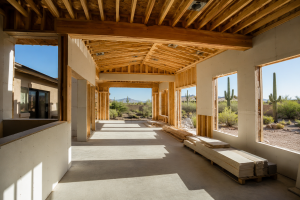 Home addition under construction in Scottsdale Arizona with open framing, large windows, and desert landscape visible through new wall openings