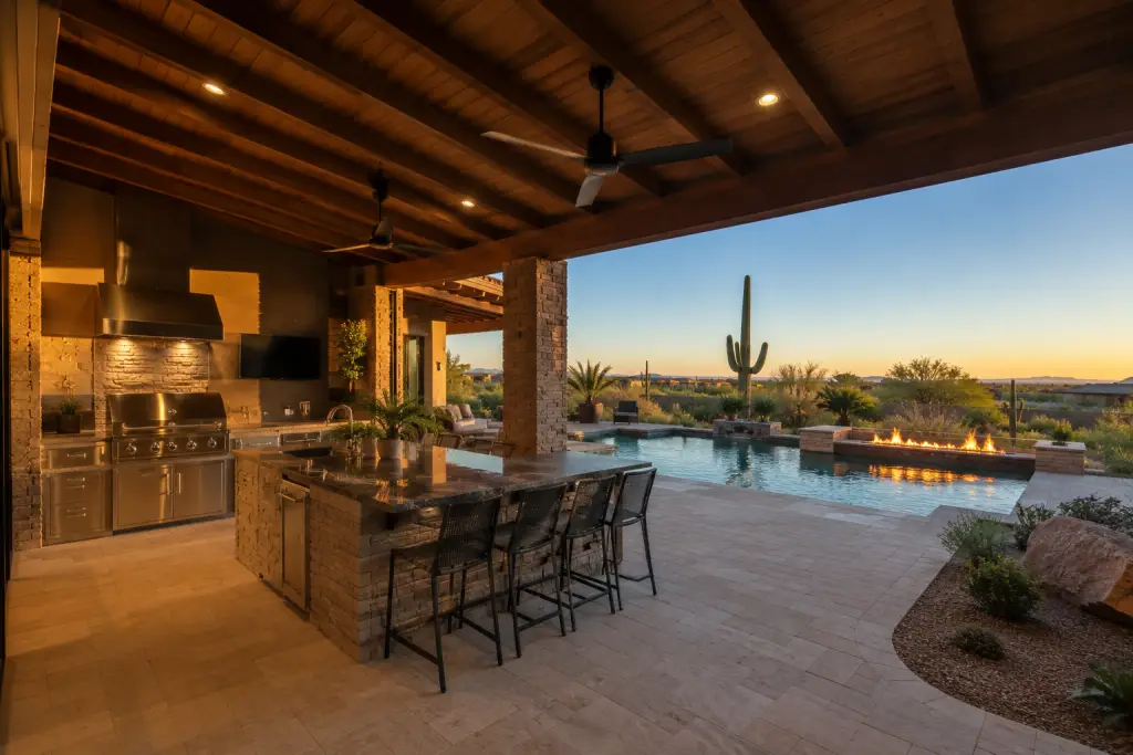 Covered outdoor living space in Phoenix Arizona with built-in kitchen area, stone patio, ceiling fans, pool, fire feature, and desert landscaping